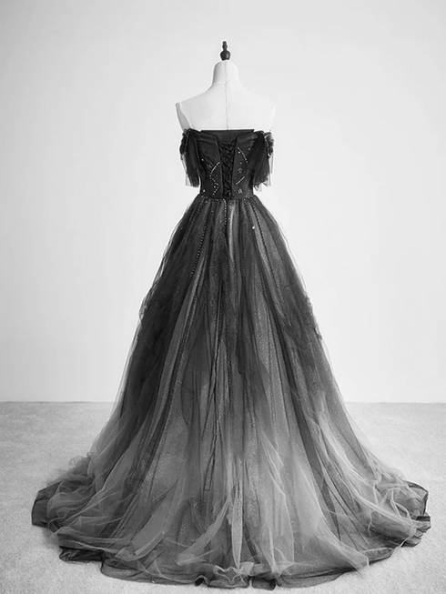 Black Tulle Gradient Long Party Dress with Beadings, Black Evening Dress Prom Dress