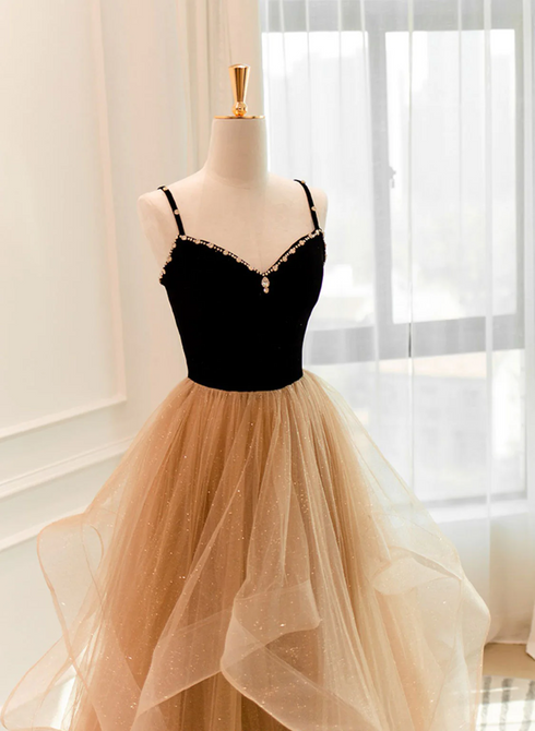 Lovely Champagne A-line Beaded Strap Party Dress, Tulle Layers Long Prom Dress