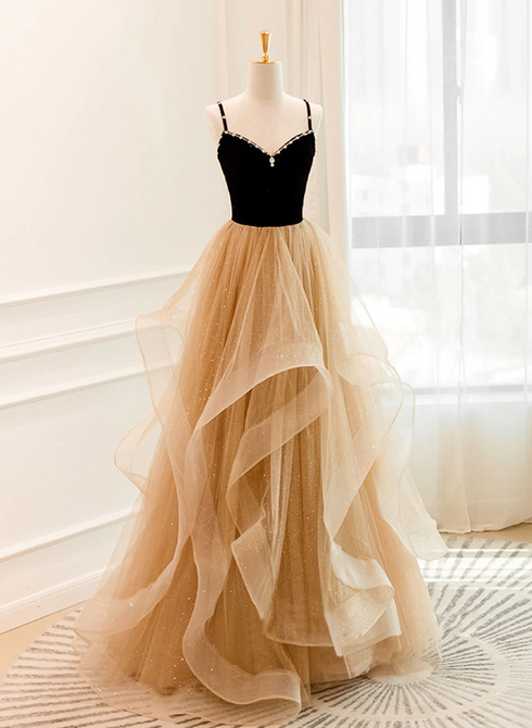 Lovely Champagne A-line Beaded Strap Party Dress, Tulle Layers Long Prom Dress
