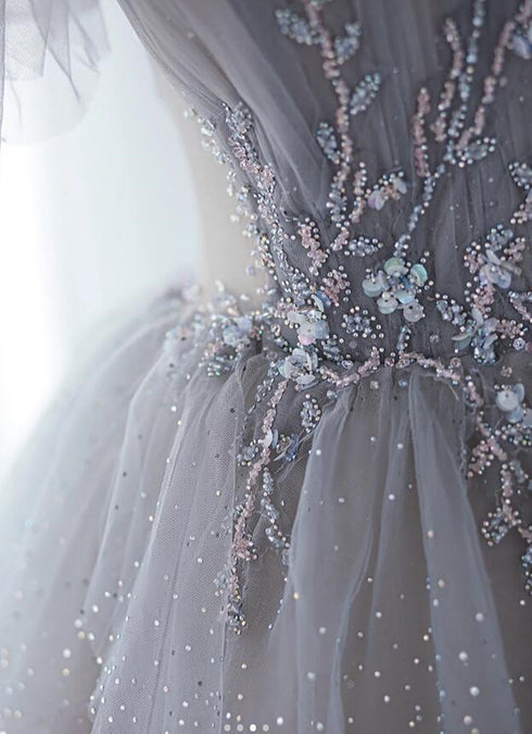 Chic Grey Beaded Layers Tulle Long Formal Dress, Grey Off Shoulder Prom Dress
