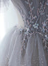 Chic Grey Beaded Layers Tulle Long Formal Dress, Grey Off Shoulder Prom Dress
