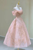 Lovely Pink Tea Length Straps Tulle Formal Dress, Pink Tea Length Prom Dress