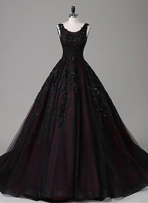 Black and Red Backless Tulle Long Formal Gown, Black and Red Long Prom Dress
