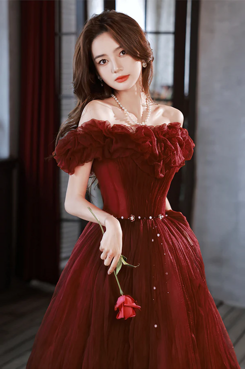 Off Shoulder Beaded Tulle Long Party Dress, A-line Tulle Long Formal Dress Prom Dress