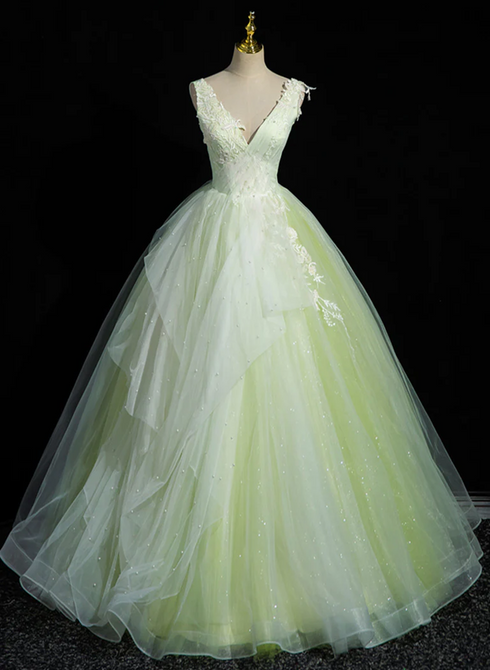 Light Green V-neckline Tulle Long Party Dress, Light Green Sweet 16 Dress