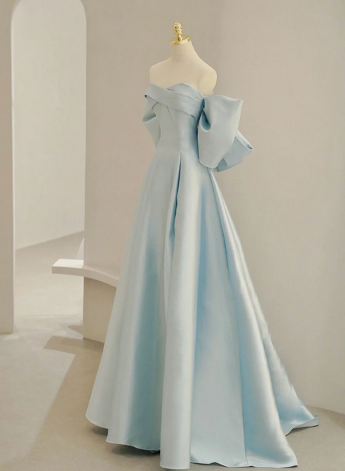 Light Blue Satin A-line Simple Long Prom Dress, Light Blue Long Formal Dress