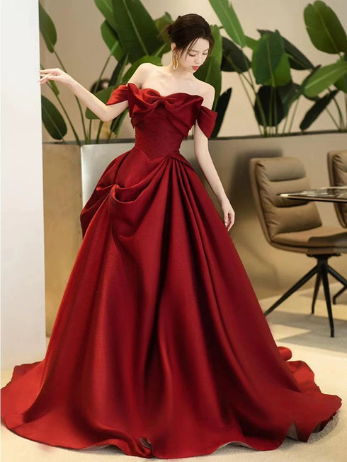 Wine Red Satin Sweetheart Off Shoulder Party Dress With Bow, Wine Red Satin Prom Dress