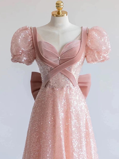 A-line Pink Sequins and Velvet Short Sleeves Party Dress, Pink Floor Length Prom Dress