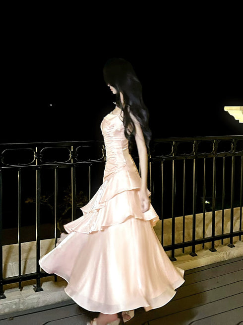 Pink Mermaid Straps Satin Long Party Dress, Pink Chic Scoop Evening Dress Prom Dress