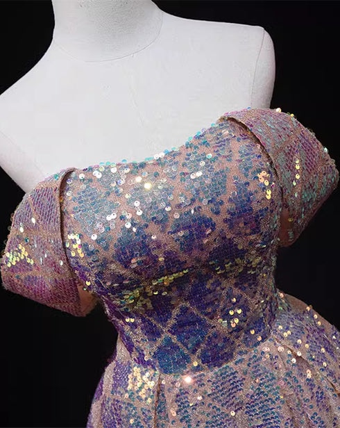 Pink Sequins Off Shoulder A-line Long Prom Dress, Sequins Evening Dress