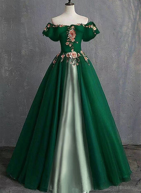Green A-line Tulle and Satin Long Formal Dress, Green Party Dress Prom Dress