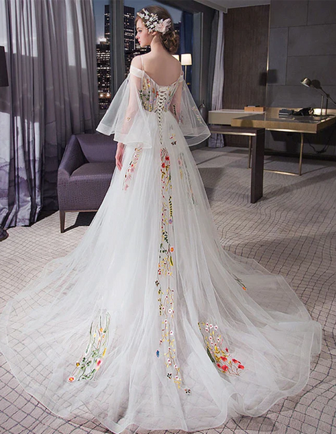 White Tulle Long Sleeves Lace Applique Long Party Dress, White Tulle Prom Dress