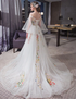 White Tulle Long Sleeves Lace Applique Long Party Dress, White Tulle Prom Dress