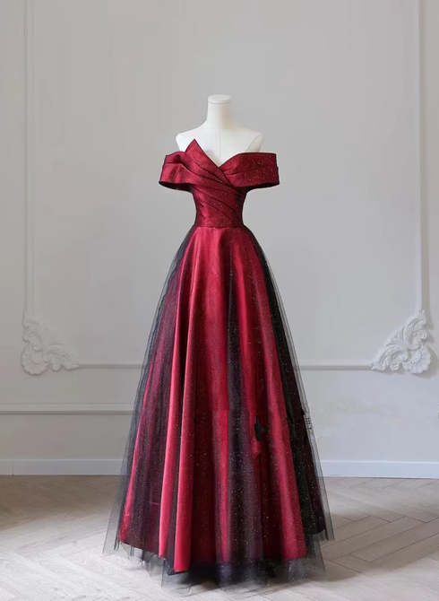 Red and Black Satin Party Dress Prom Dress, A-line Satin Evening Dress