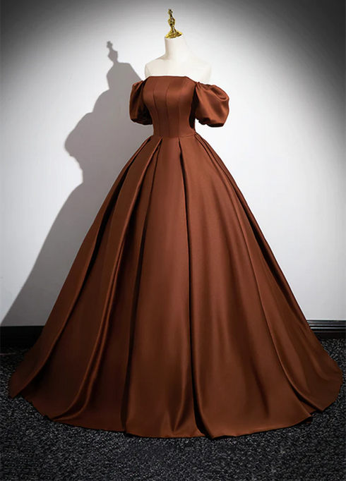 Brown Satin A-line Short Sleeves Party Dress, Simple Satin Prom Dress Evening Dress