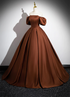 Brown Satin A-line Short Sleeves Party Dress, Simple Satin Prom Dress Evening Dress