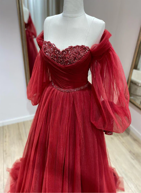 Wine Red Tulle with Puffy Sleeves Long Party Dress, Wine Red Prom Dress