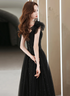 Black Tulle Beaded A-line Long Prom Dress, Short Sleeves Party Dress