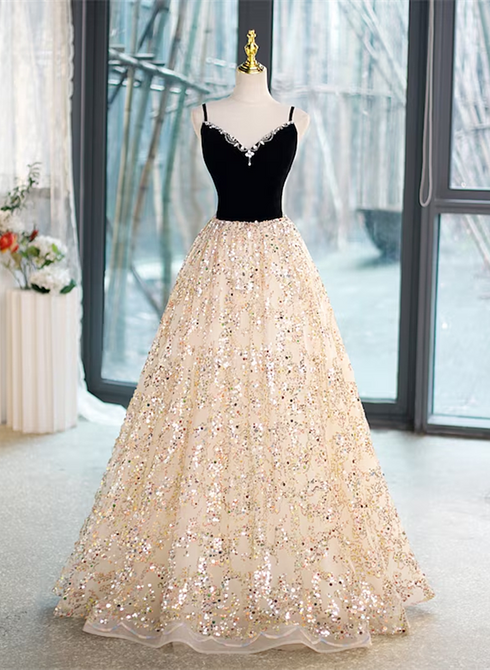 Light Champagne Beaded V-neckline Party Dress, Cute Straps Long Prom Dress