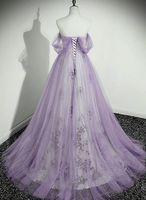 Lavender Tulle A-line Beaded Off Shoulder Party Dress, Lavender Long Formal Dress