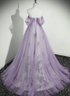 Lavender Tulle A-line Beaded Off Shoulder Party Dress, Lavender Long Formal Dress