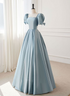 A-line Blue Satin Short Sleevs Long Formal Dress, Blue Simple Floor Length Prom Dress