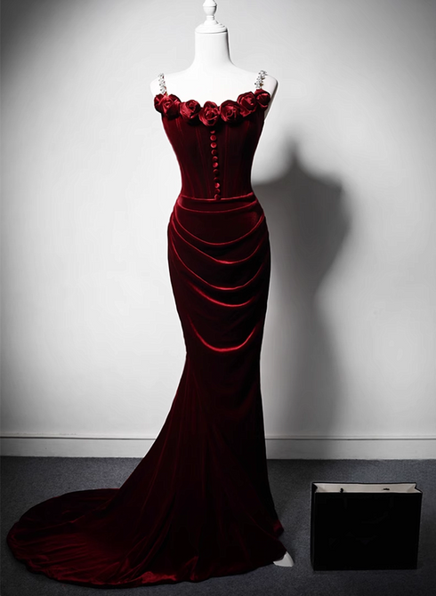 Wine Red Mermaid Straps Beaded Long Formal Dress, Wine Red Evening Dress Prom Dress