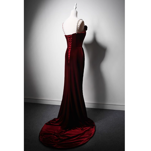 Wine Red Mermaid Straps Beaded Long Formal Dress, Wine Red Evening Dress Prom Dress