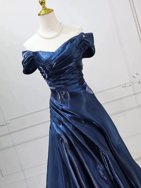 Elegant Green Off Shoulder Evening Gown, Ruched Satin Prom Dress Formal Dress