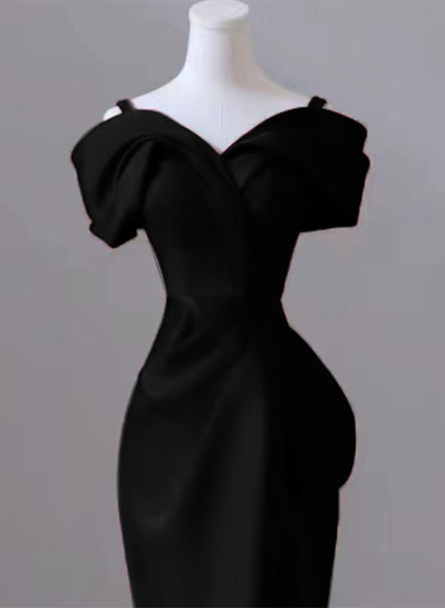 Black Satin Sweetheart Straps Long Formal Dress, Black Long Prom Dress