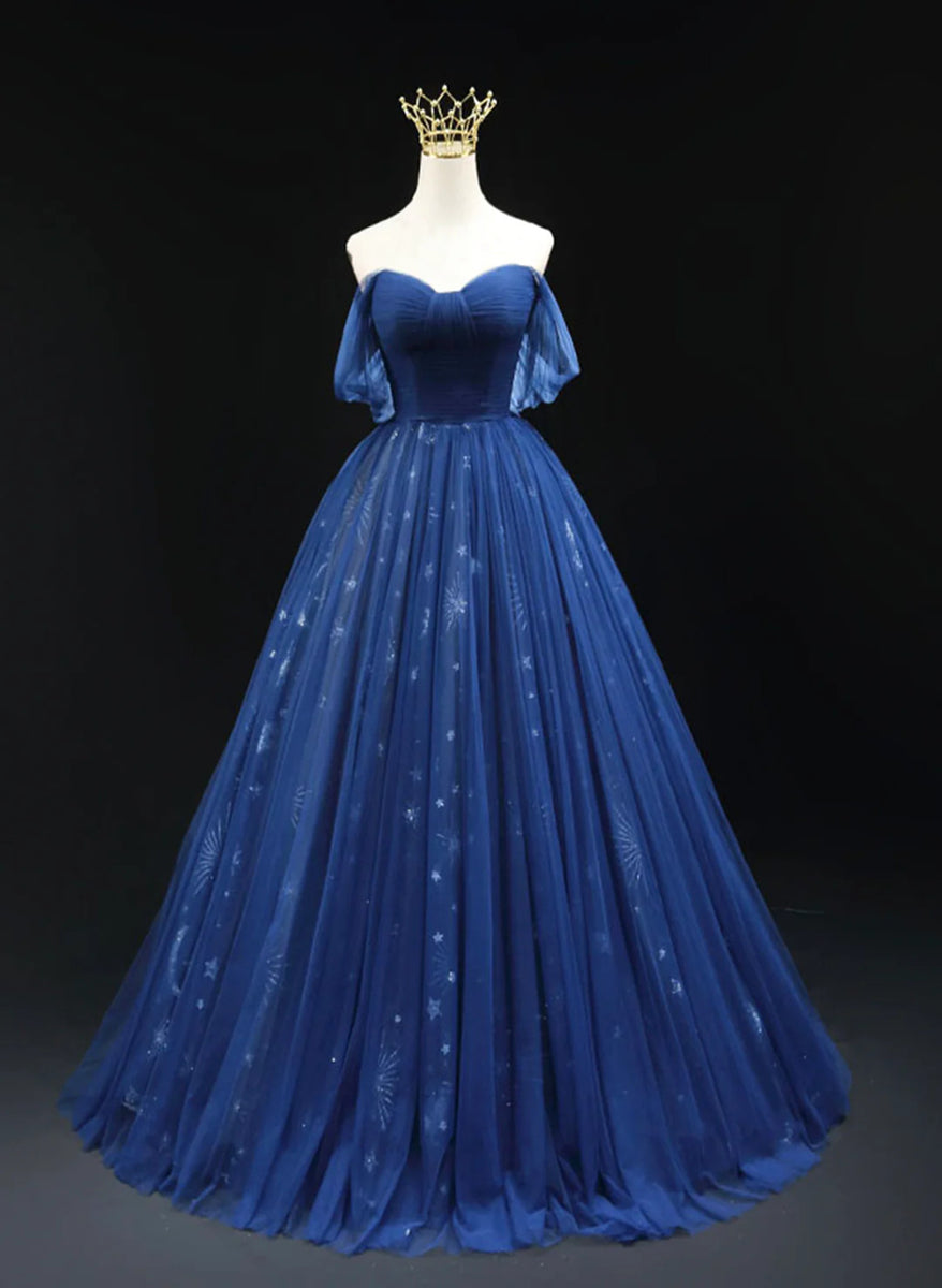 Navy Blue Tulle Straps Short Evening Dress, Blue Lovely Party Dress Prom Dress