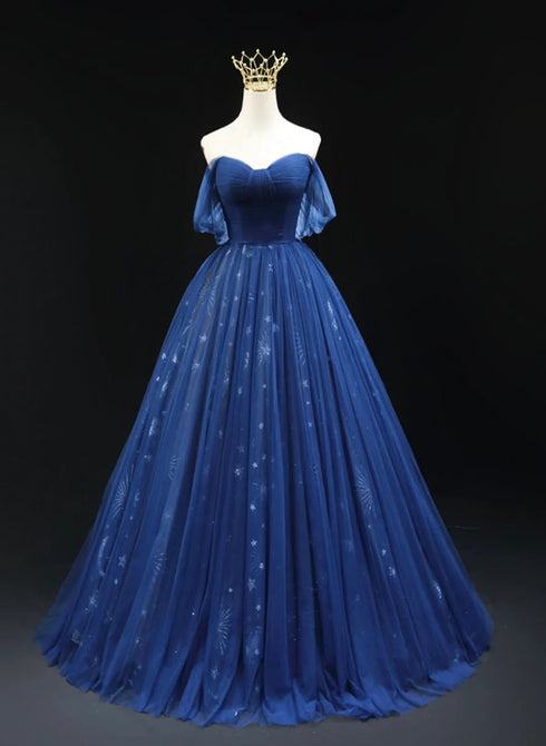 Navy Blue Tulle Sweetheart Long Prom Dress, A-line Navy Blue Evening Dress
