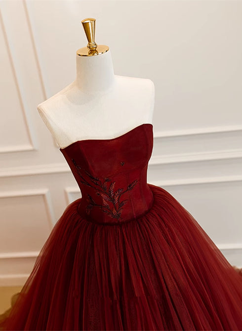 Wine Red Scoop Sweetheart Tulle Ball Gown Prom Dress, Wine Red Tulle Evening Dress