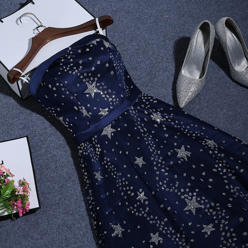 Navy Blue A-line Tulle Long Evening Dress, Navy Blue Prom Dress