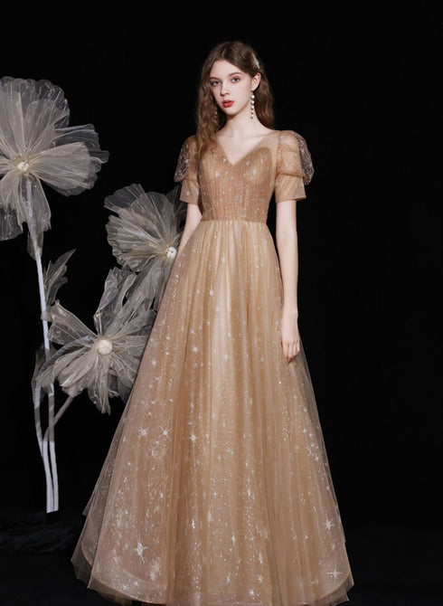 Champagne A-line V-neckline Tulle Short Sleeves Party Dress, Tulle Long Prom Dress