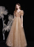 Champagne A-line V-neckline Tulle Short Sleeves Party Dress, Tulle Long Prom Dress