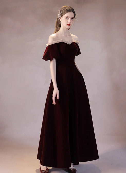 Wine Red Velvet Long A-line Off Shoulder Prom Dress, Wine Red Evening Dress