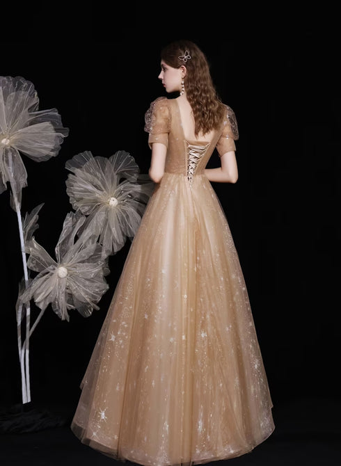 Champagne A-line V-neckline Tulle Short Sleeves Party Dress, Tulle Long Prom Dress