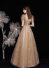 Champagne A-line V-neckline Tulle Short Sleeves Party Dress, Tulle Long Prom Dress
