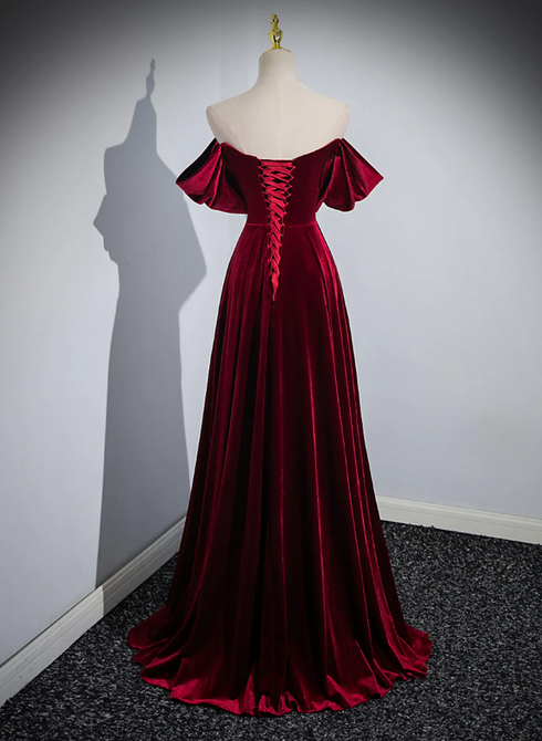 A-line Wine Red Velvet Sweetheart Wedding Party Dress, Wine Red Velvet Prom Dress