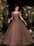 Pretty Tulle Short Sleeves Floor Length Prom Dress, Brown Tulle Formal Dress