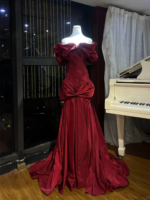 Wine Red Mermaid Off Shoulder Long Formal Dress, Elegant Wine Red Evening Dress