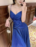 Blue Chiffon A-line Floor Length Evening Dress, Blue Long Straps Prom Dress Formal Dress