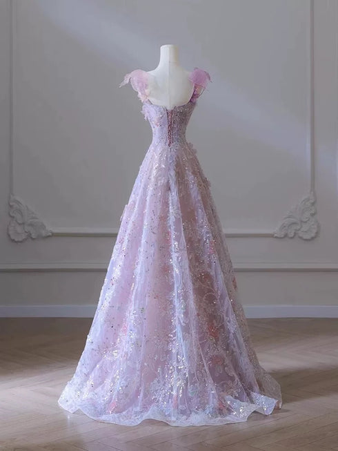 Pink Tulle and Lace A-line Straps Long Party Dress, Pink Floral Prom Dress Evening Dress