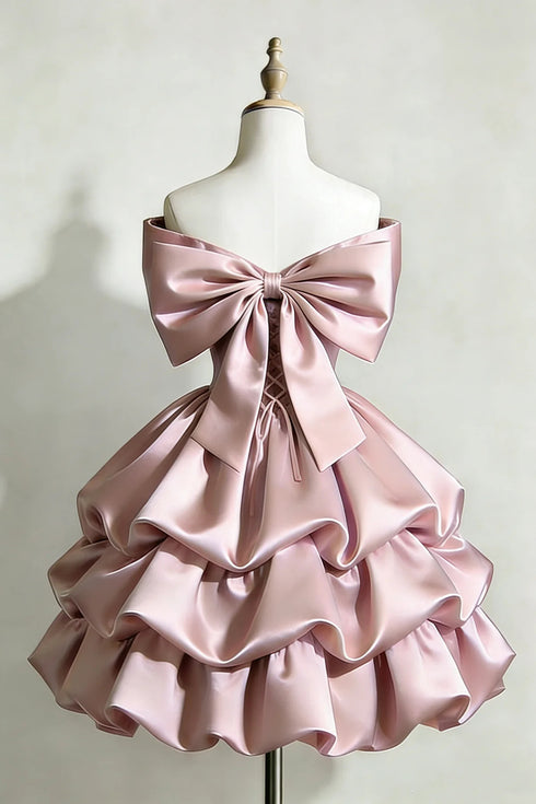 Pink Off Shoulder Satin Short Dress, Pink Tiered Ruffle Homecoming Dress Formal Dress