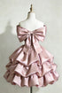 Pink Off Shoulder Satin Short Dress, Pink Tiered Ruffle Homecoming Dress Formal Dress