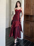 Wine Red Mermaid Straps Satin Sweetheart Party Dress, Wine Red Long Evening Dress