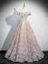 Pink Lace Off Shoulder A-line Long Party Dress, Lace Pink Evening Dress Prom Dress