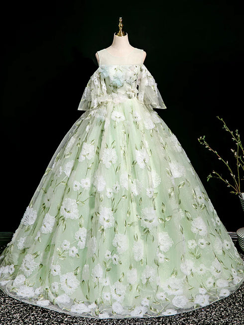 Mint Green Fairytale Prom Gown, Mint Green Tulle Prom Dress with 3D Flowers