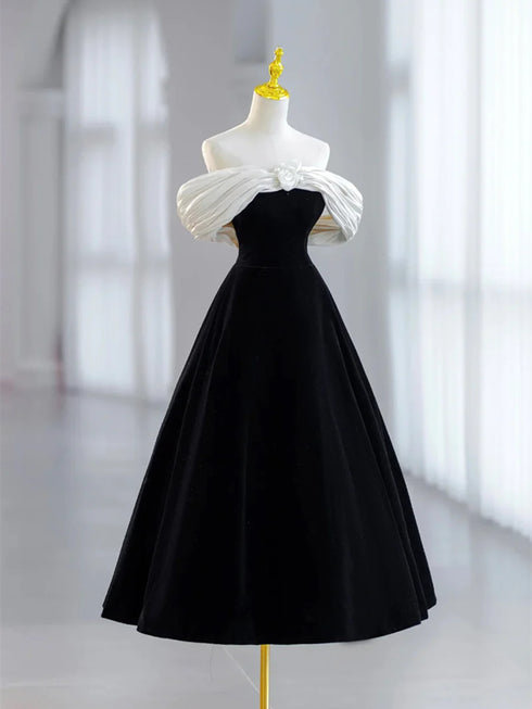 Black A-line Velvet Off Shoulder Lace-up Homecoming Dress, Black Velvet Party Dress